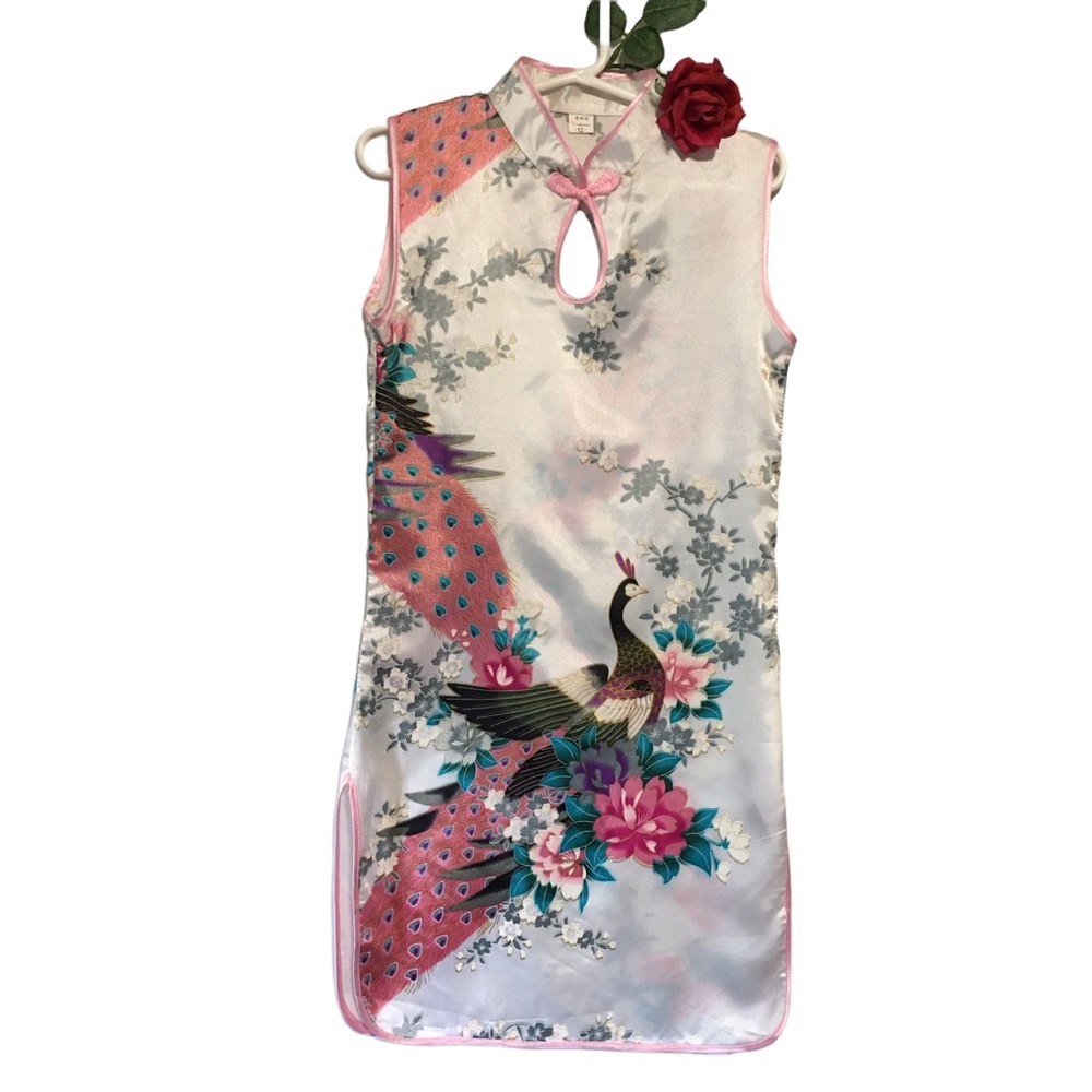 Wudiemi Girls Size 12 Chinese Qipao Cheongsam Dress Pink White Peacock Floral
